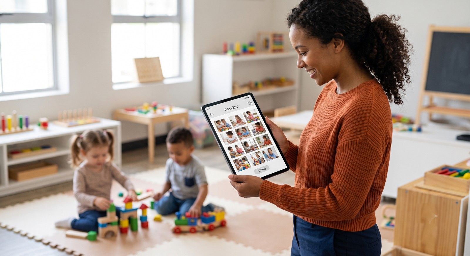 Medewerker van een kindercentrum bekijkt de foto-gallery van de Cleanup App op een iPad